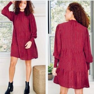 NWT KNOX ROSE Burgundy Silver Striped Smocked Detail Dress XS-M